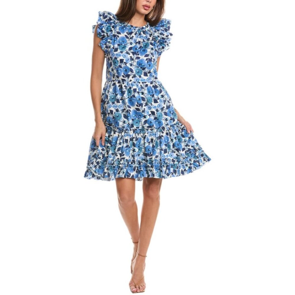 Tyler Böe Ursula Tiered Mini Dress Flutter Sleeve Blue Poppies Floral Medium‎